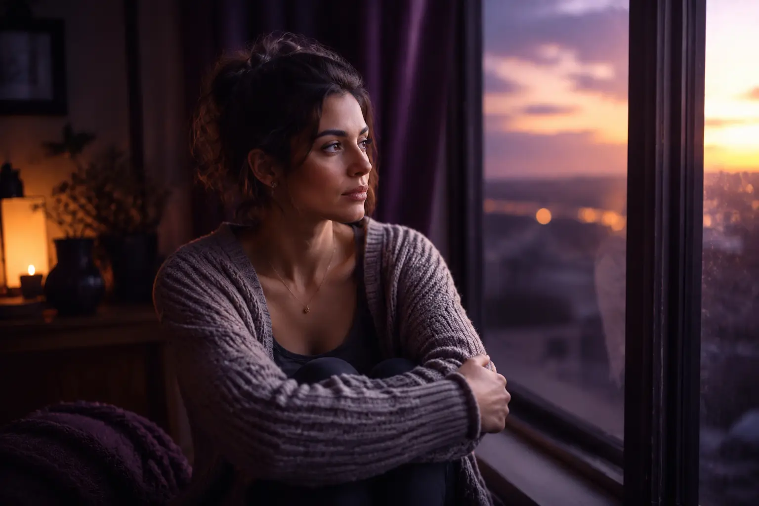 A thoughtful woman near a window reflecting on intuition and anxiety in love