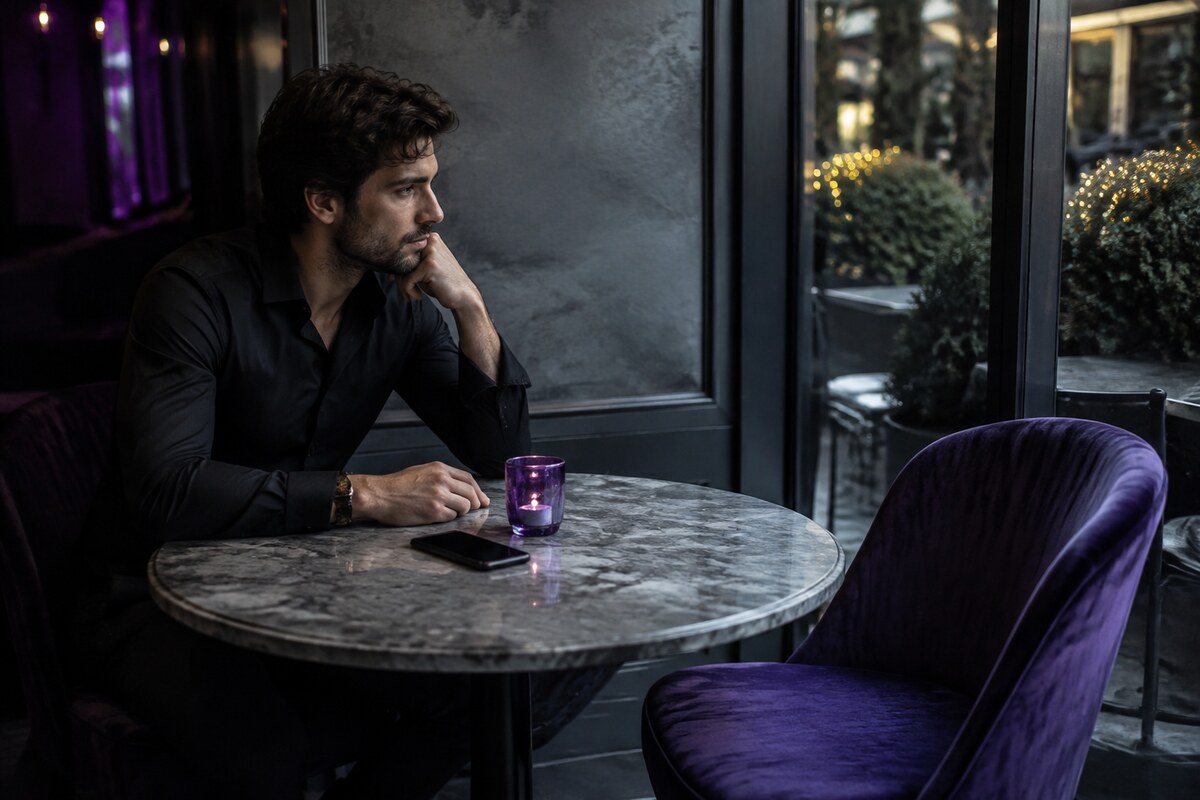 A man waiting alone at a cafe table beside an empty chair and phone