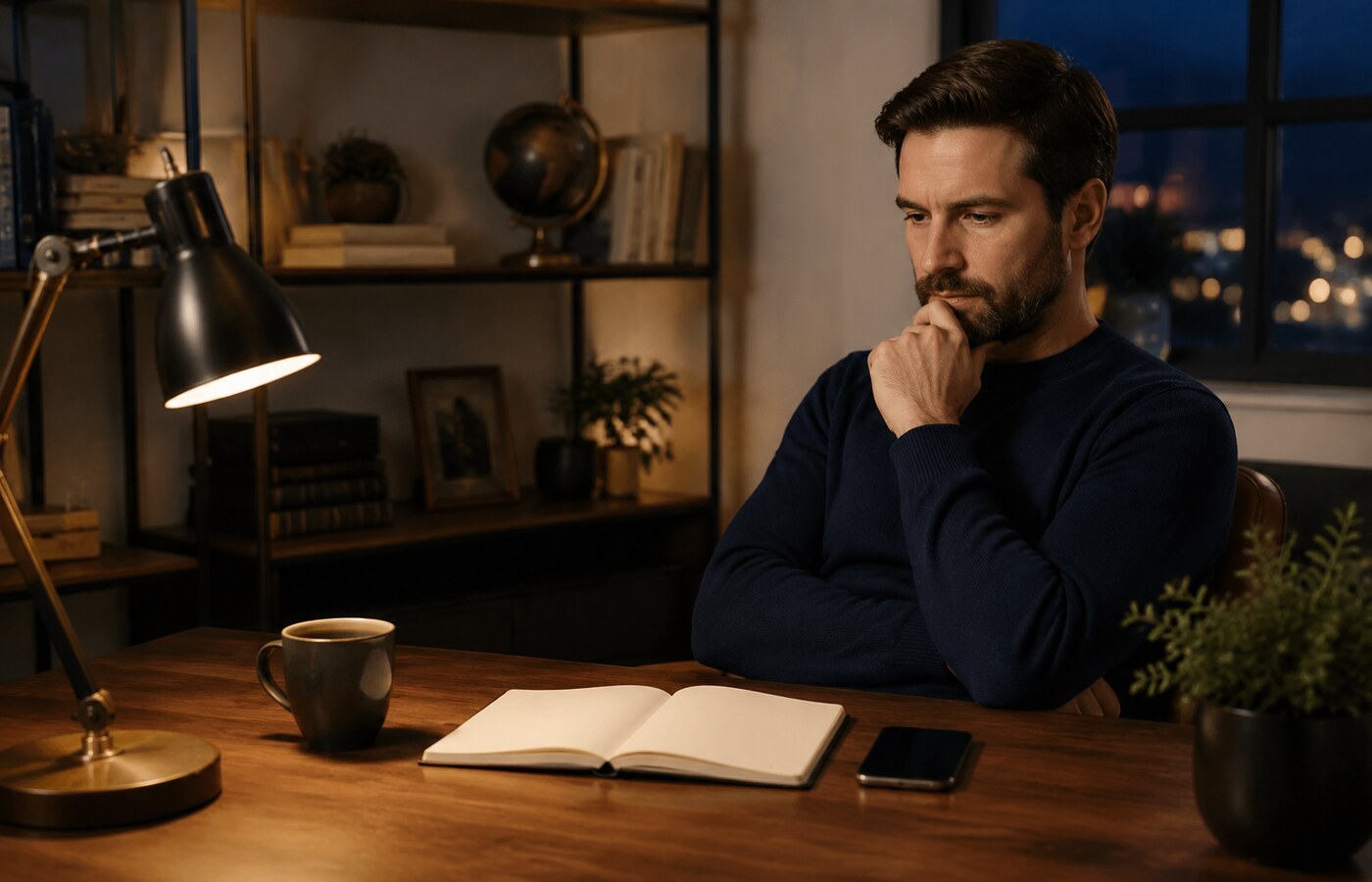A thoughtful man with a blank notebook and phone in a warm home office