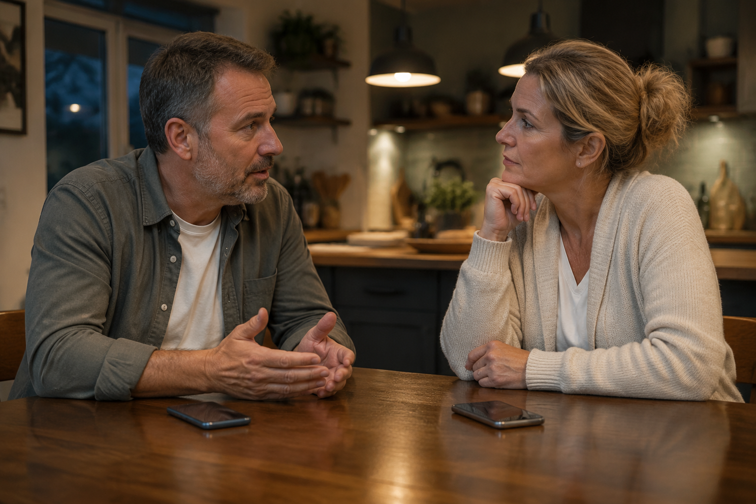Mature couple calmly discussing boundaries at a kitchen table with phones face-down