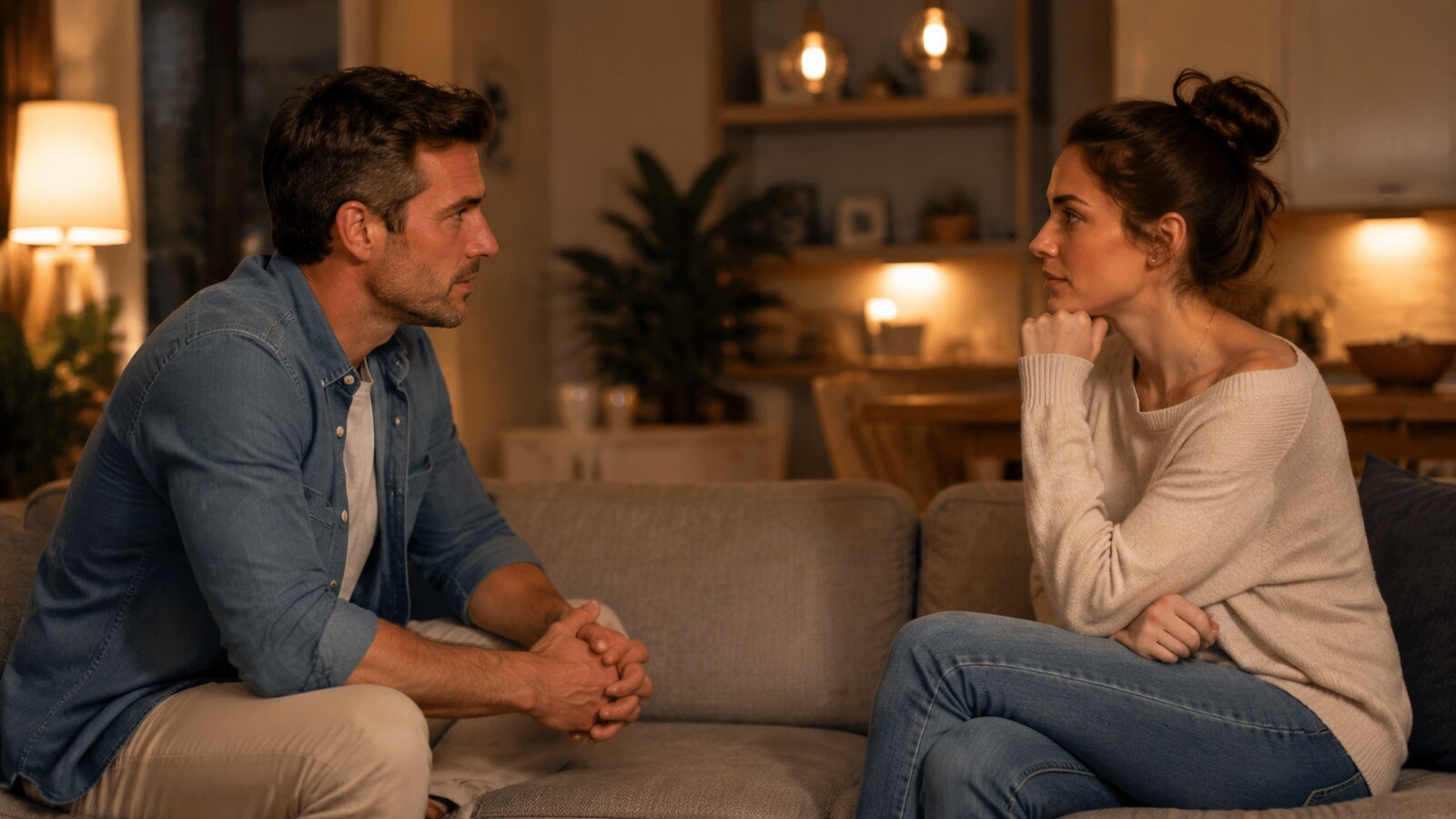 Rebuilding Trust After Reconciliation An adult couple having a calm serious conversation on a sofa