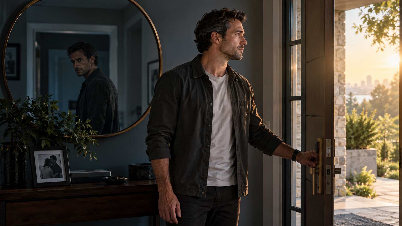 Adult man opening a doorway toward warm daylight with his reflection behind him