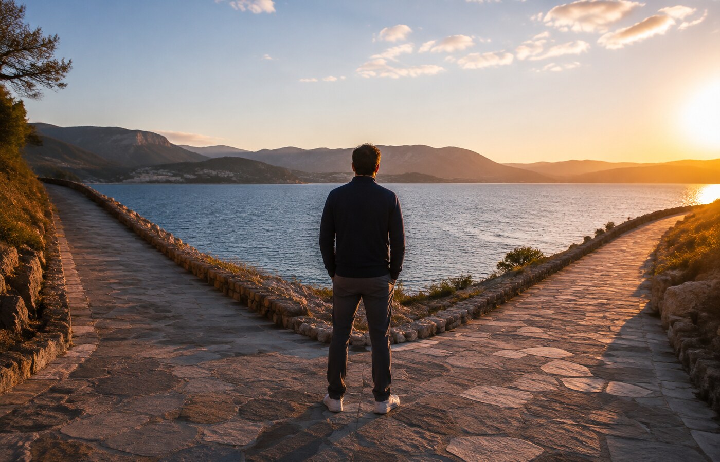 Deciding Whether to Give an Ex Another Chance A man considering two paths beside blue water at golden hour