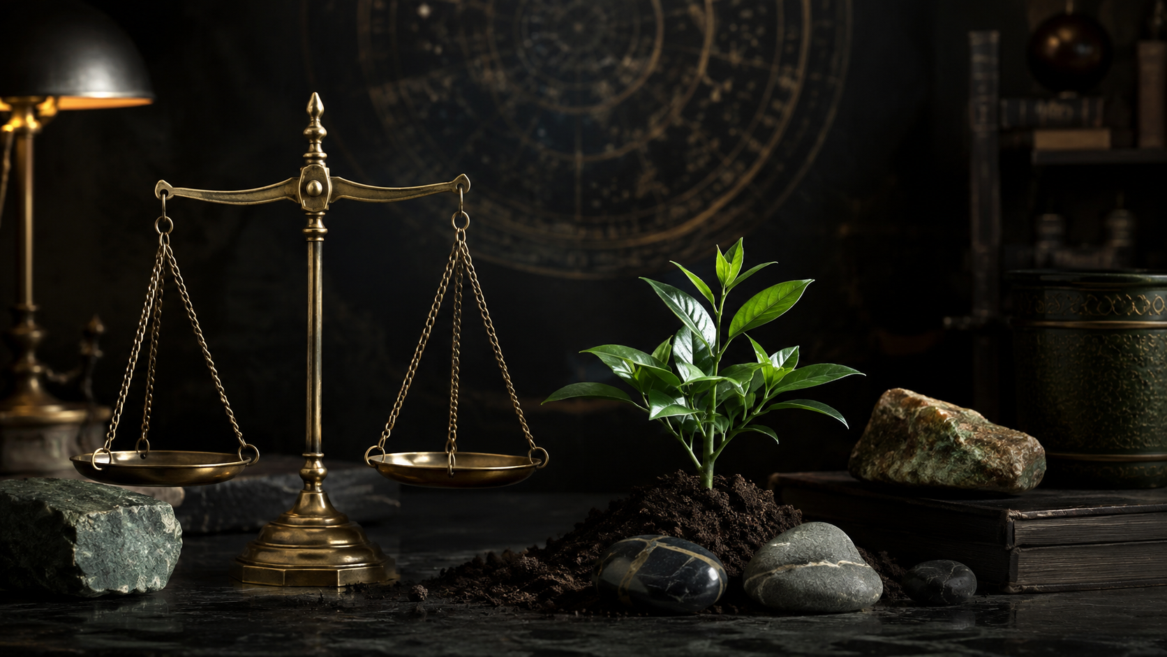 Brass balance scales beside a healthy green plant rooted in soil and grounding stones