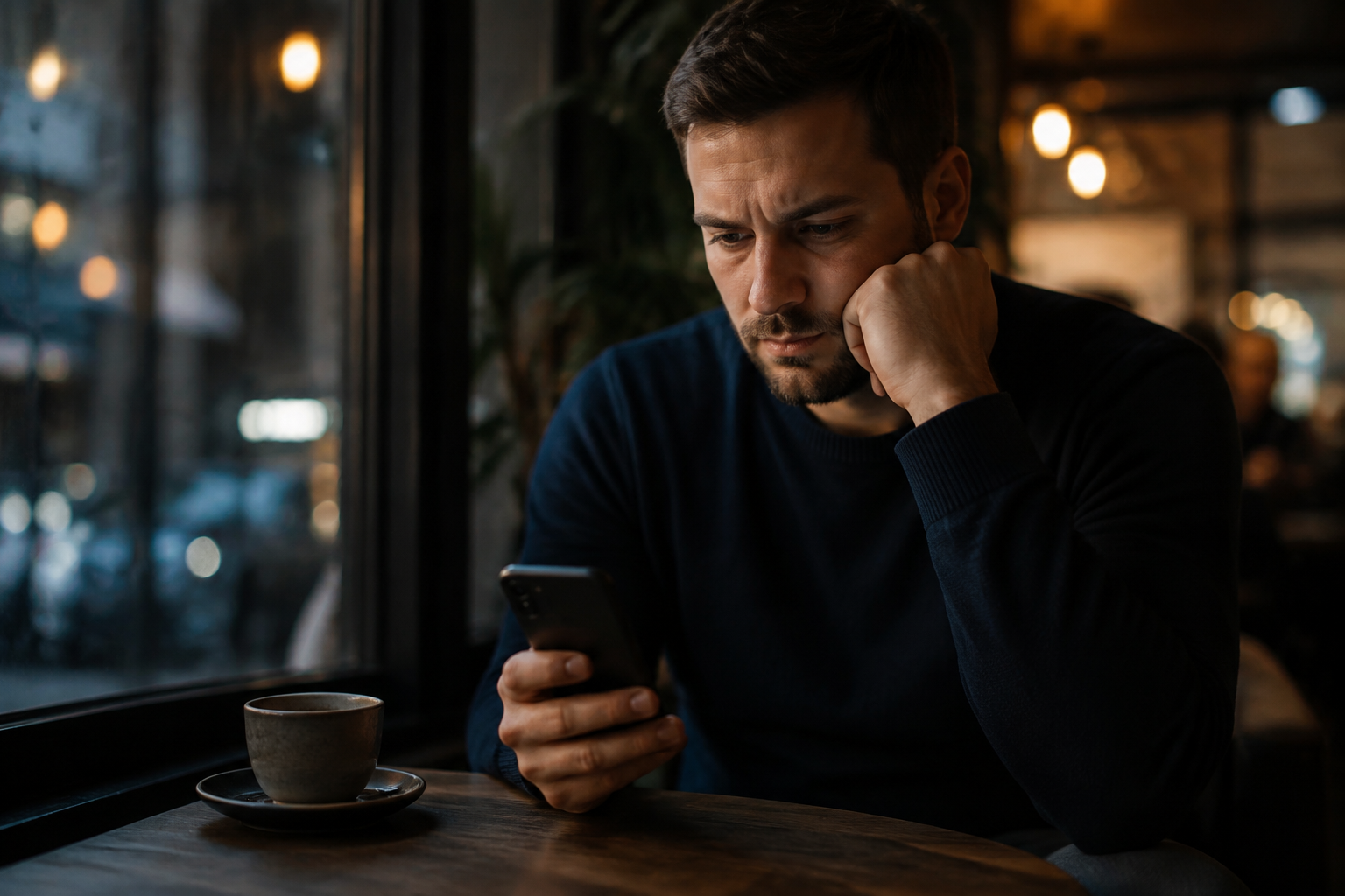 Thoughtful man looking at his phone alone in a cafe at night