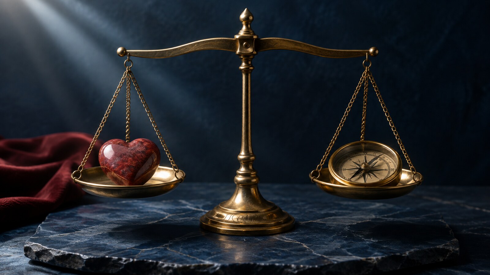 Libra Balancing the Heart and Direction A brass balance scale holding a red heart-shaped stone and a compass