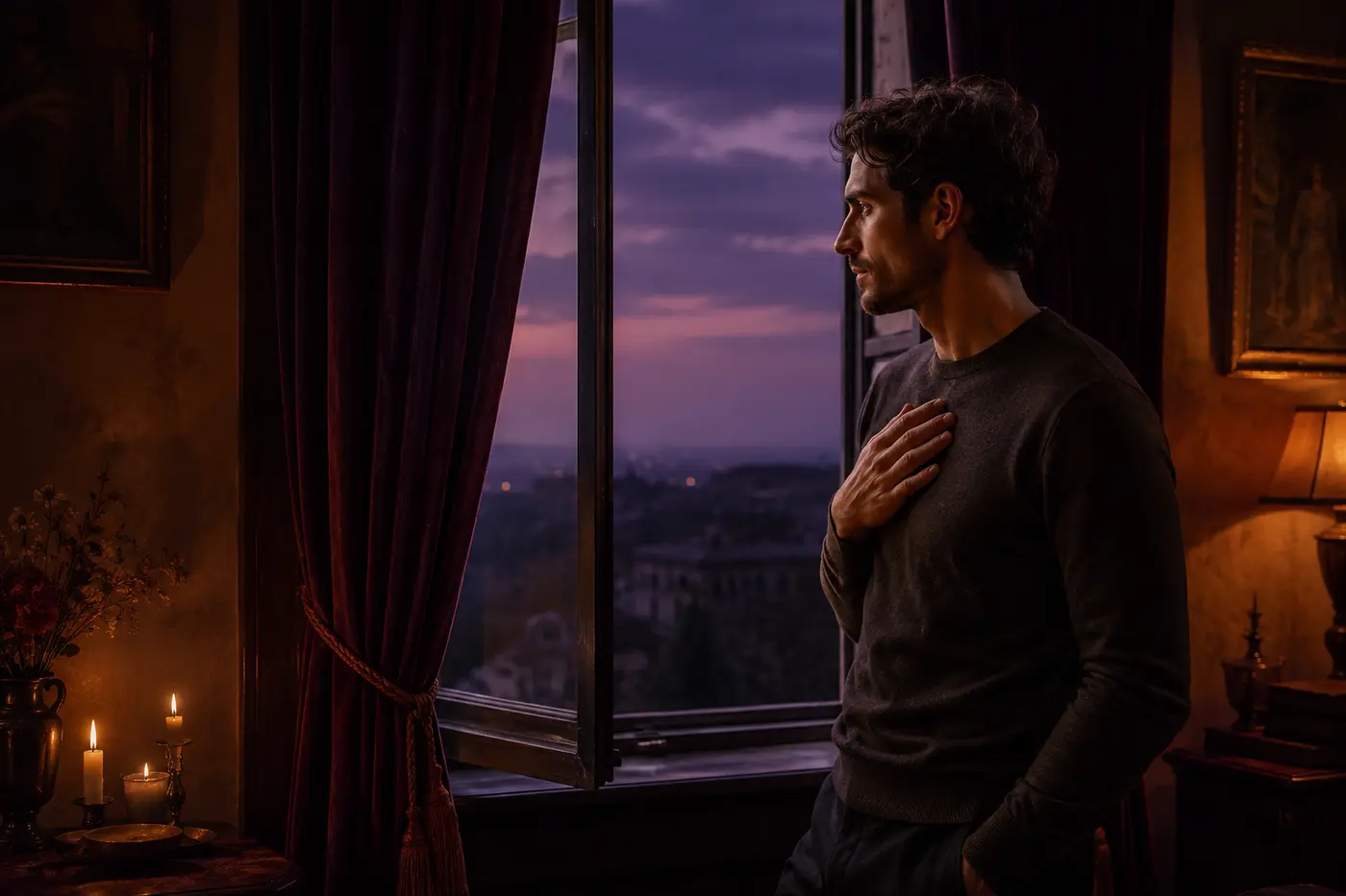 Thoughtful man standing by an open window at violet twilight with warm candlelight