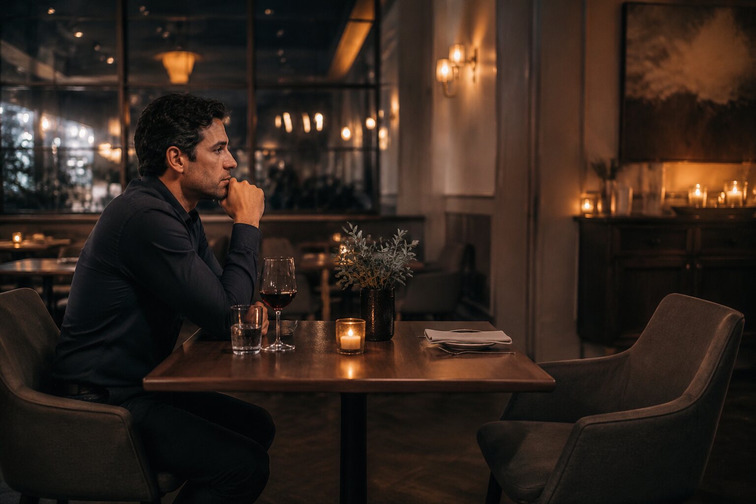 A thoughtful man noticing an empty chair after plans did not match promises