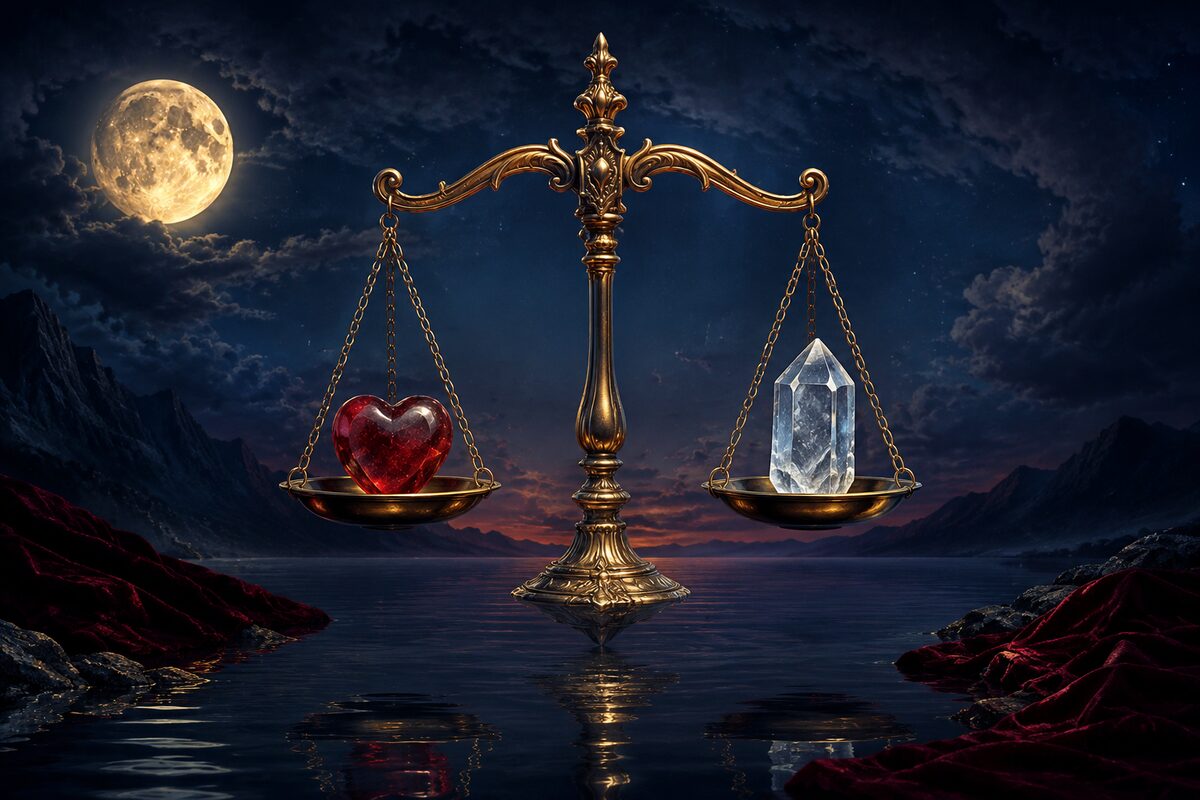 Chemistry and Compatibility in Balance Brass scales balancing a red heart-shaped stone and a clear crystal above still water