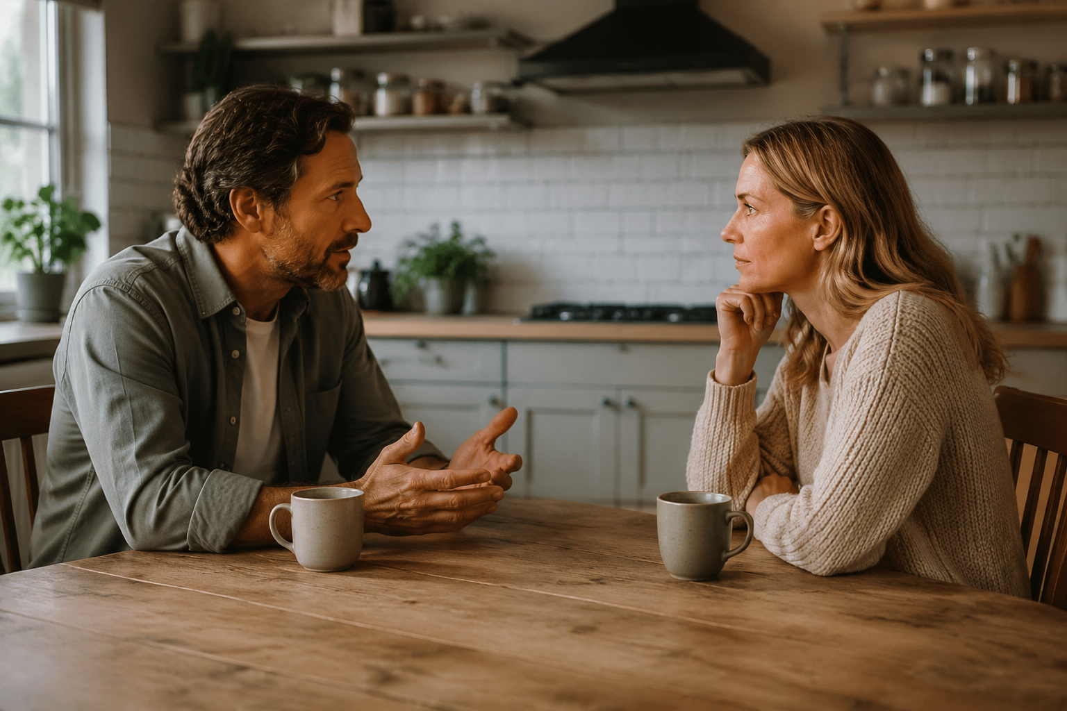 Mature couple having a calm honest conversation across a kitchen table