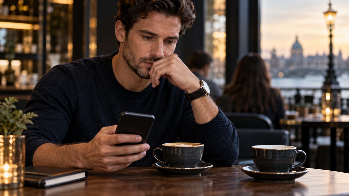 Man considering a phone message beside an untouched second cup of coffee