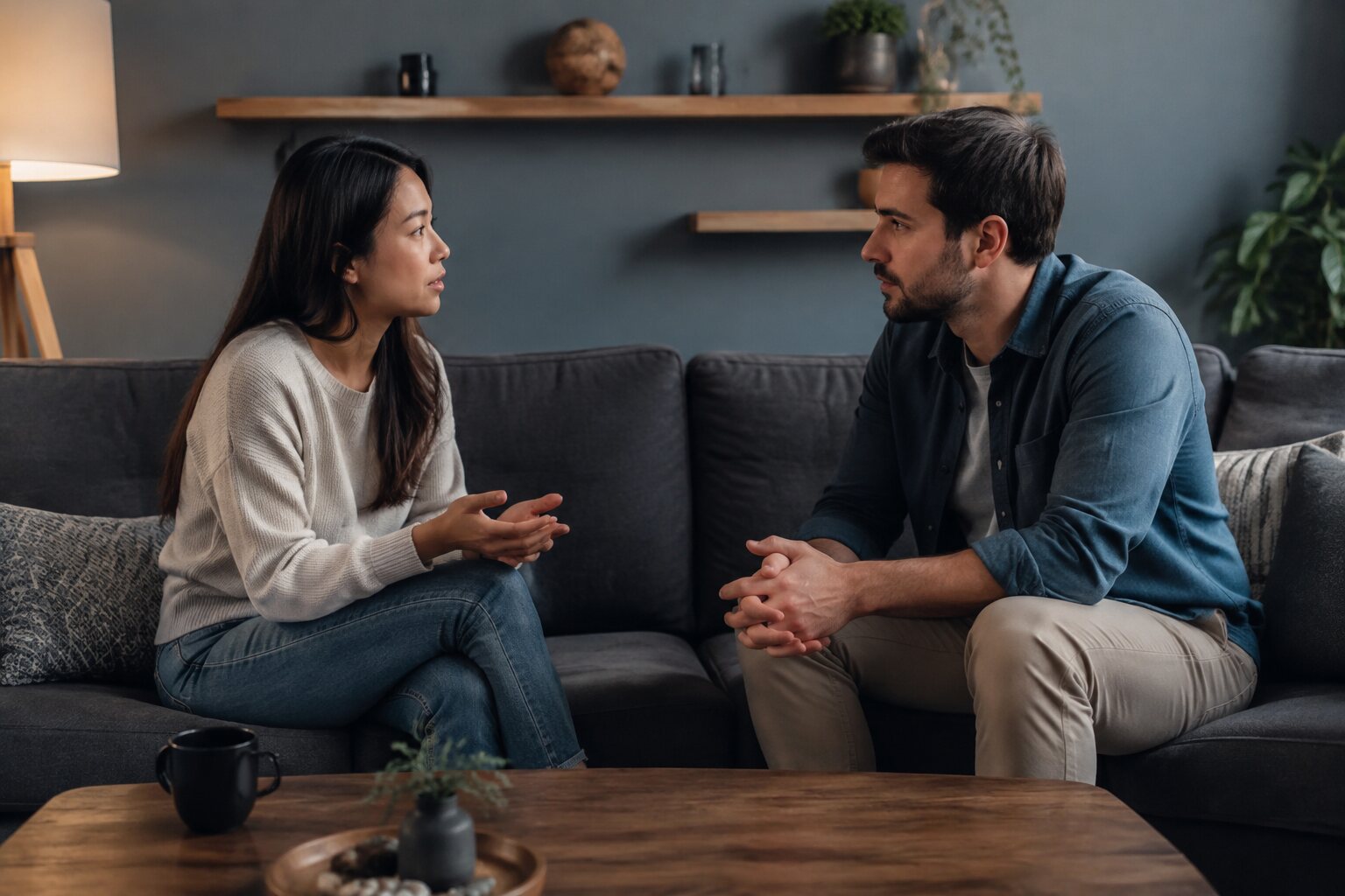 A couple having a calm direct conversation about communication expectations