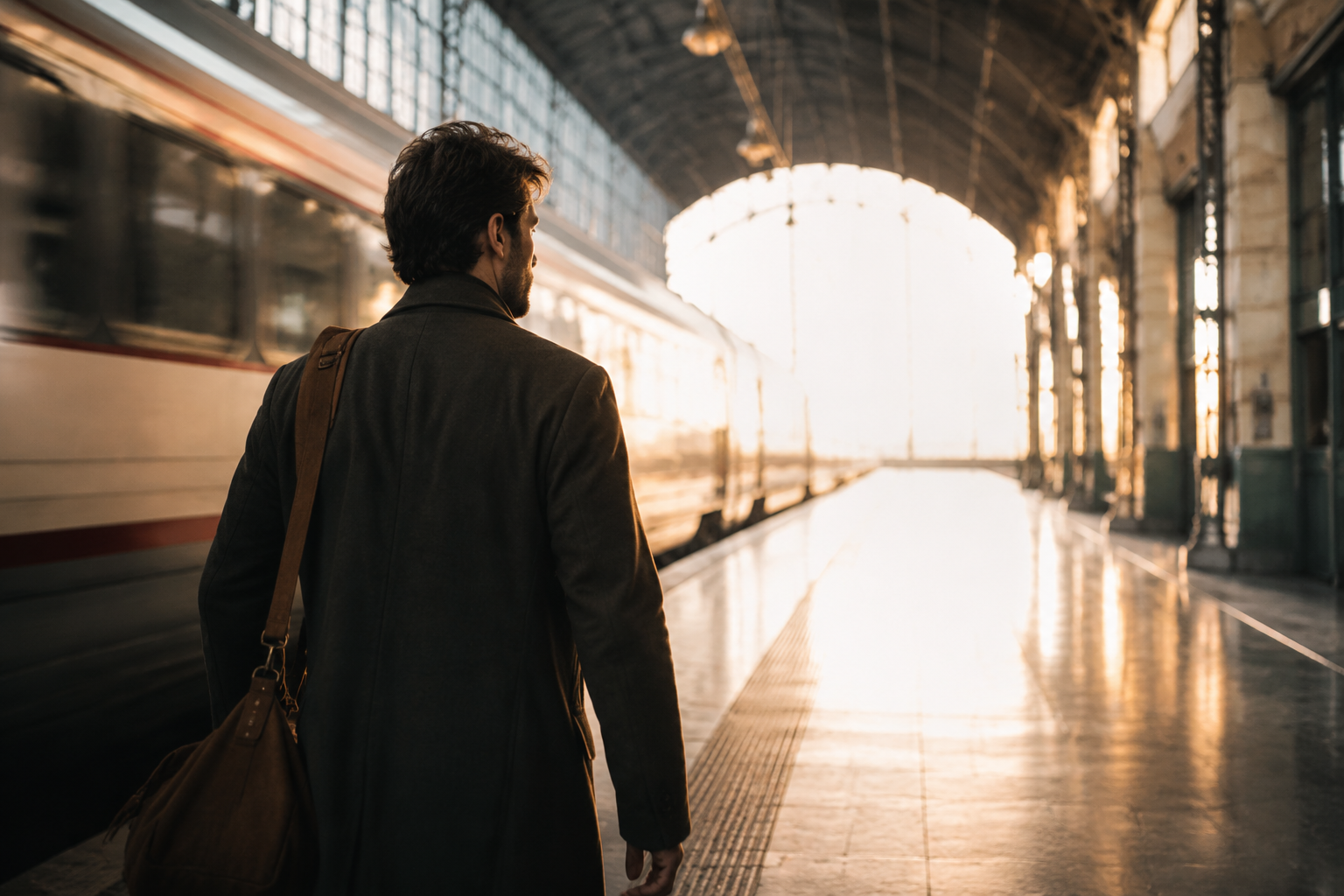 Adult man turning from a departed train toward a bright station exit