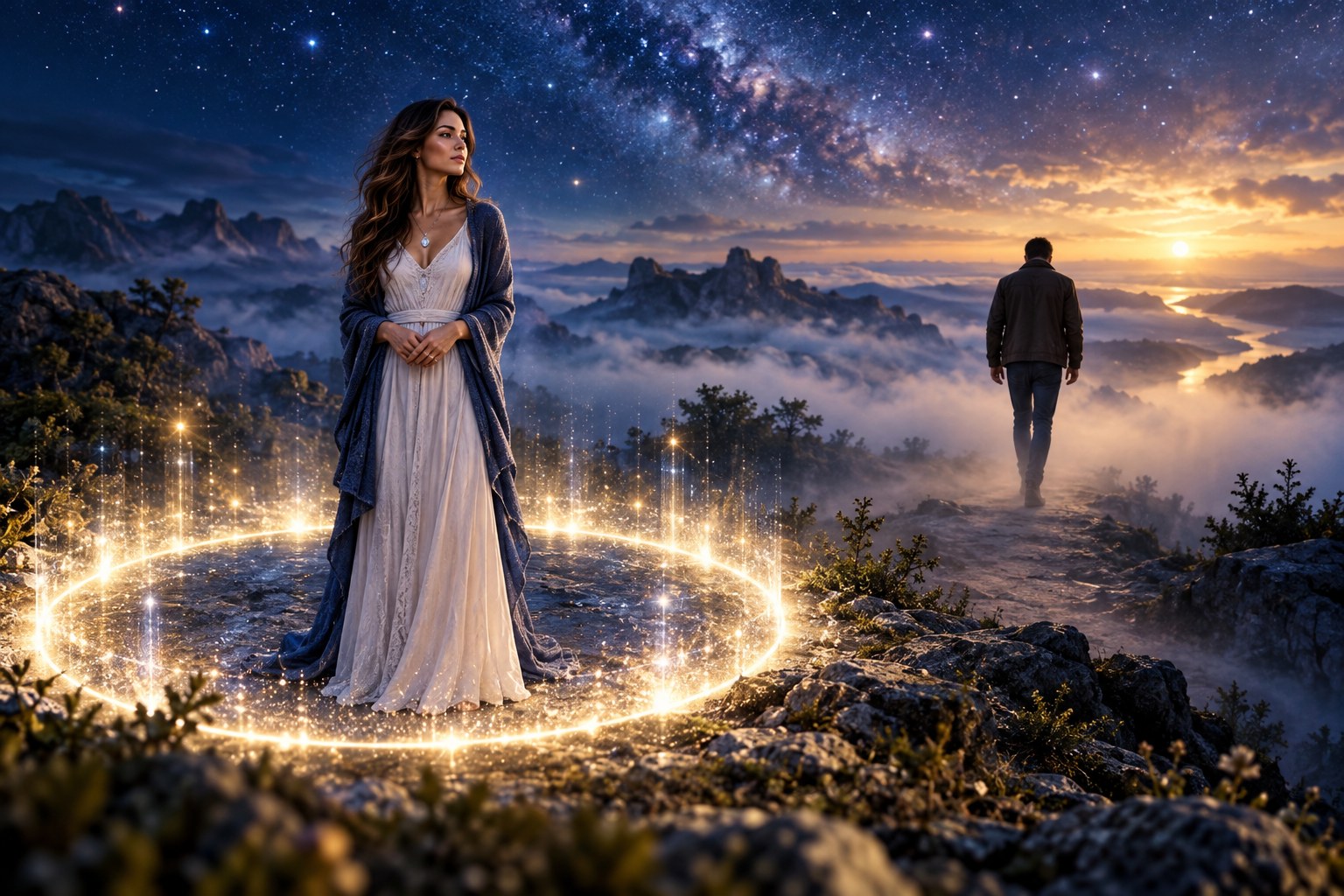 woman protected by a glowing energy circle while a man walks into the distance