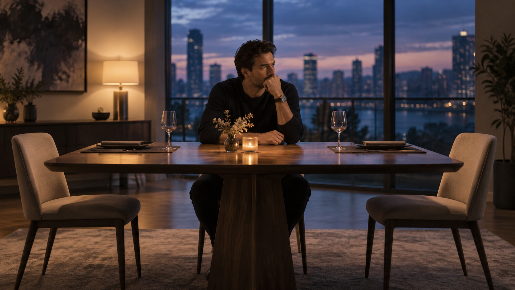 Thoughtful adult man seated alone at a balanced table with two empty chairs