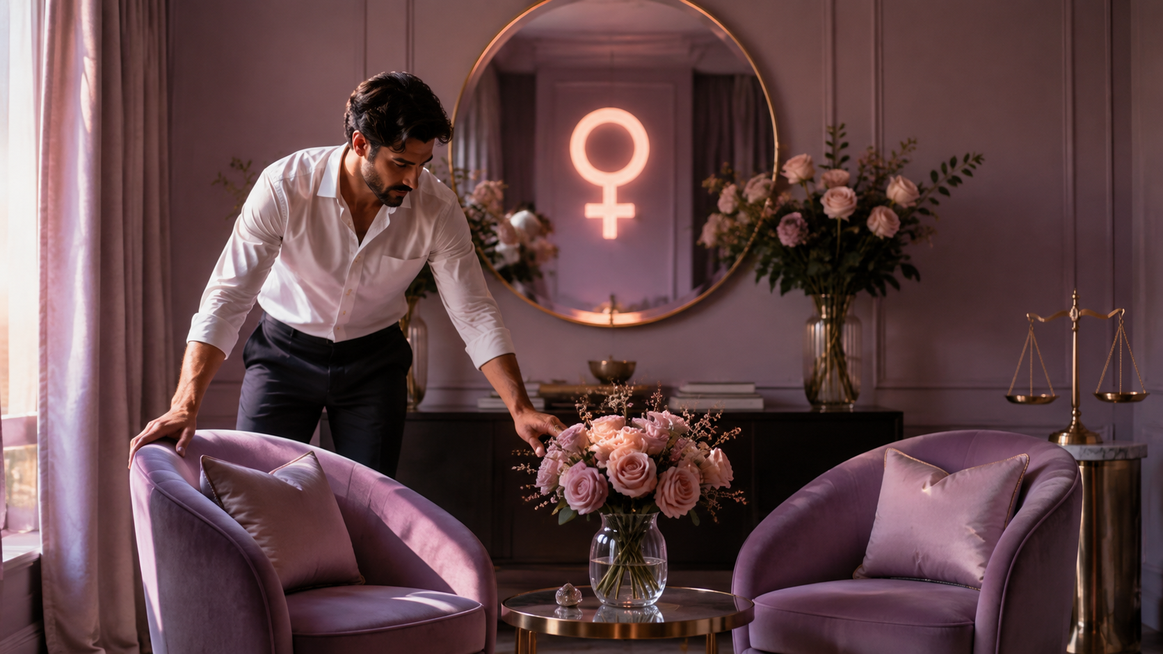Stylish man arranging a balanced romantic room with matching chairs, flowers, scales and a subtle Venus symbol