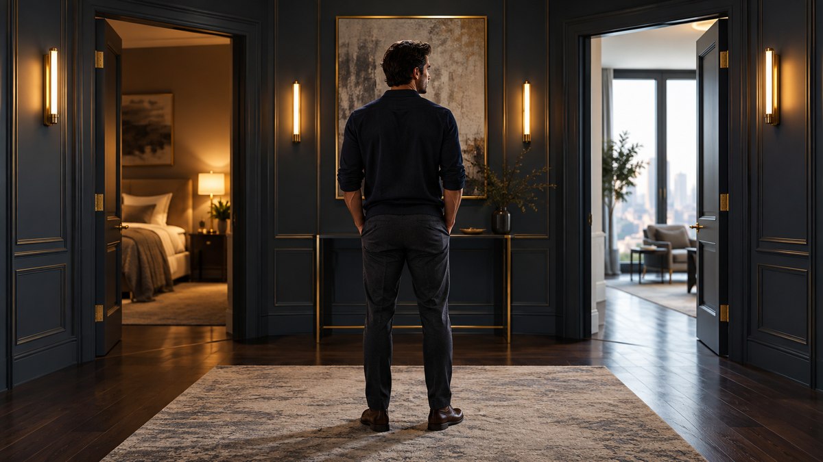 A person standing between two warmly lit rooms while considering relationship balance