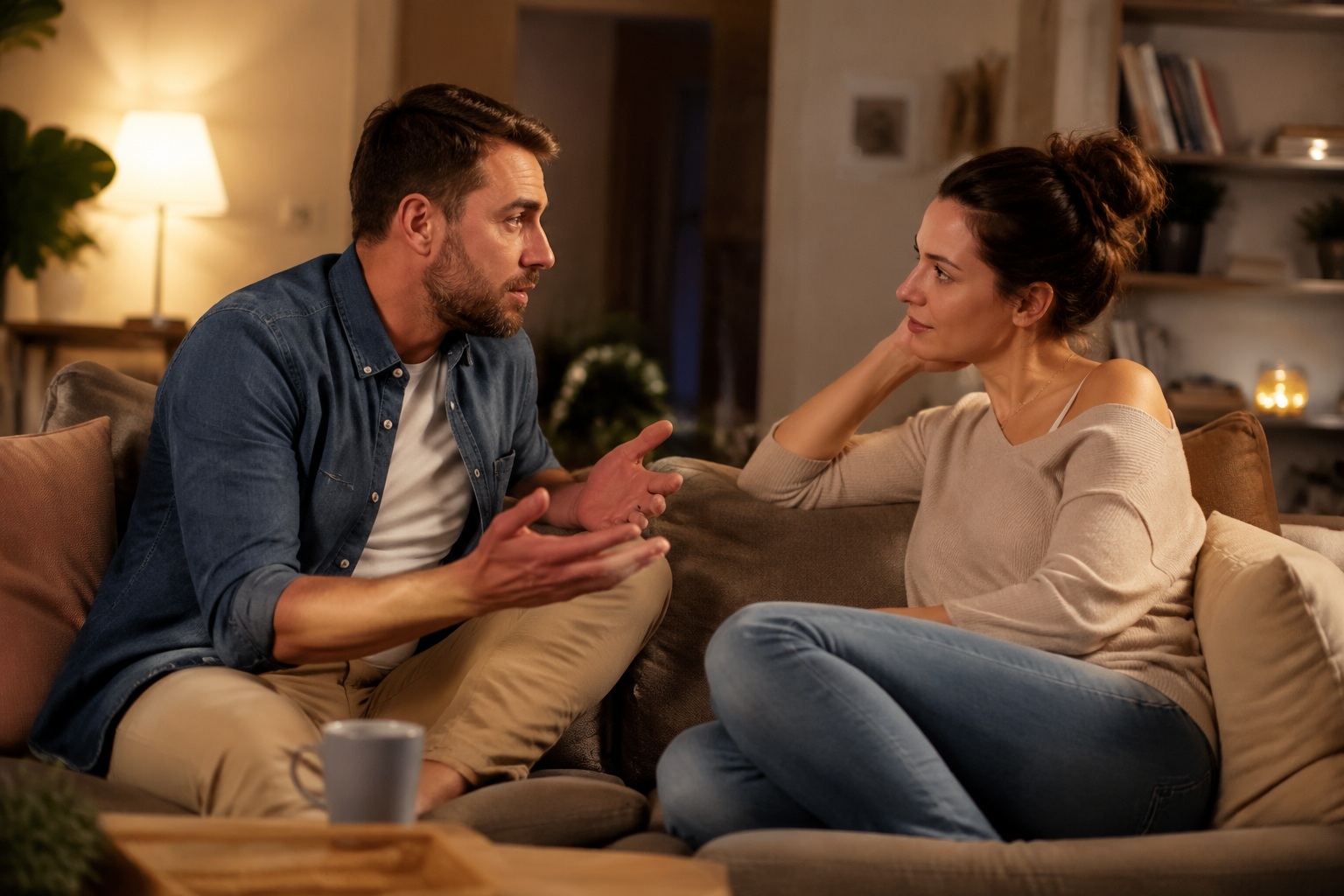 Couple talking respectfully through a disagreement at home