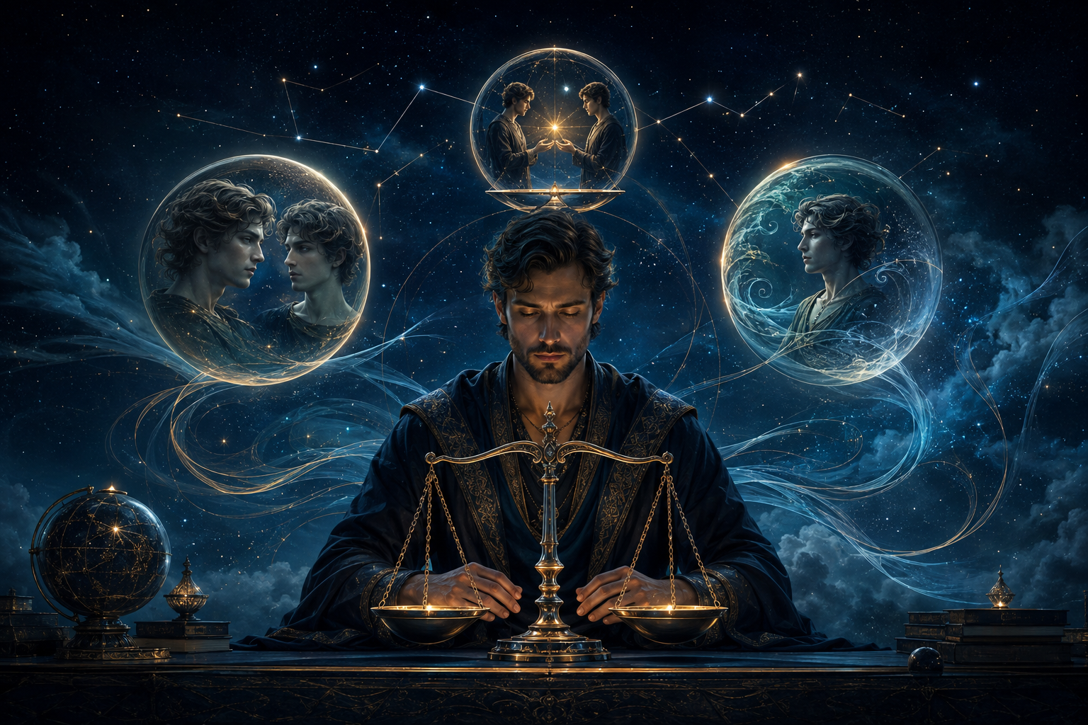 Male Libra figure balancing golden scales amid stars and flowing air with three celestial relationship symbols