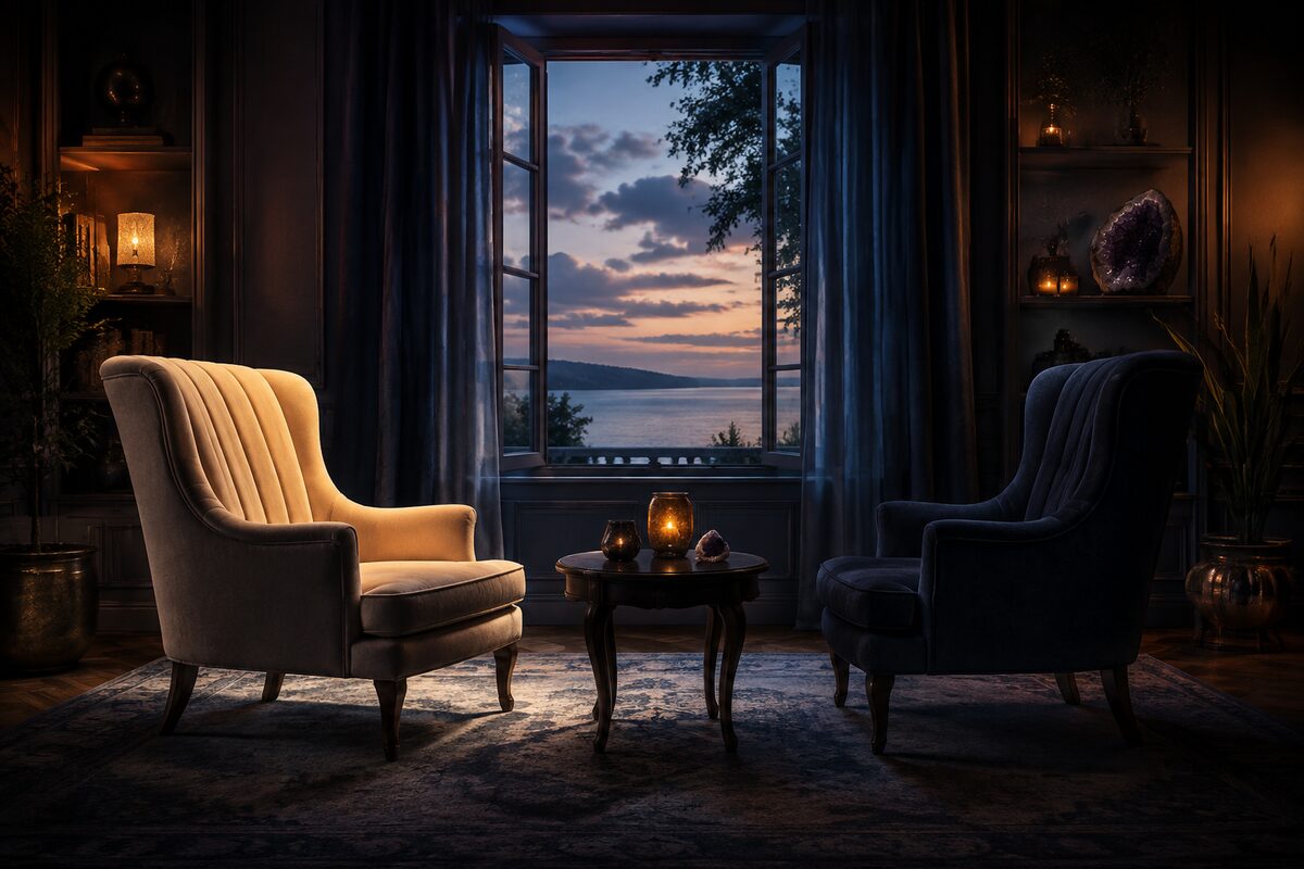 Two chairs facing each other beside an open window in a calm evening room