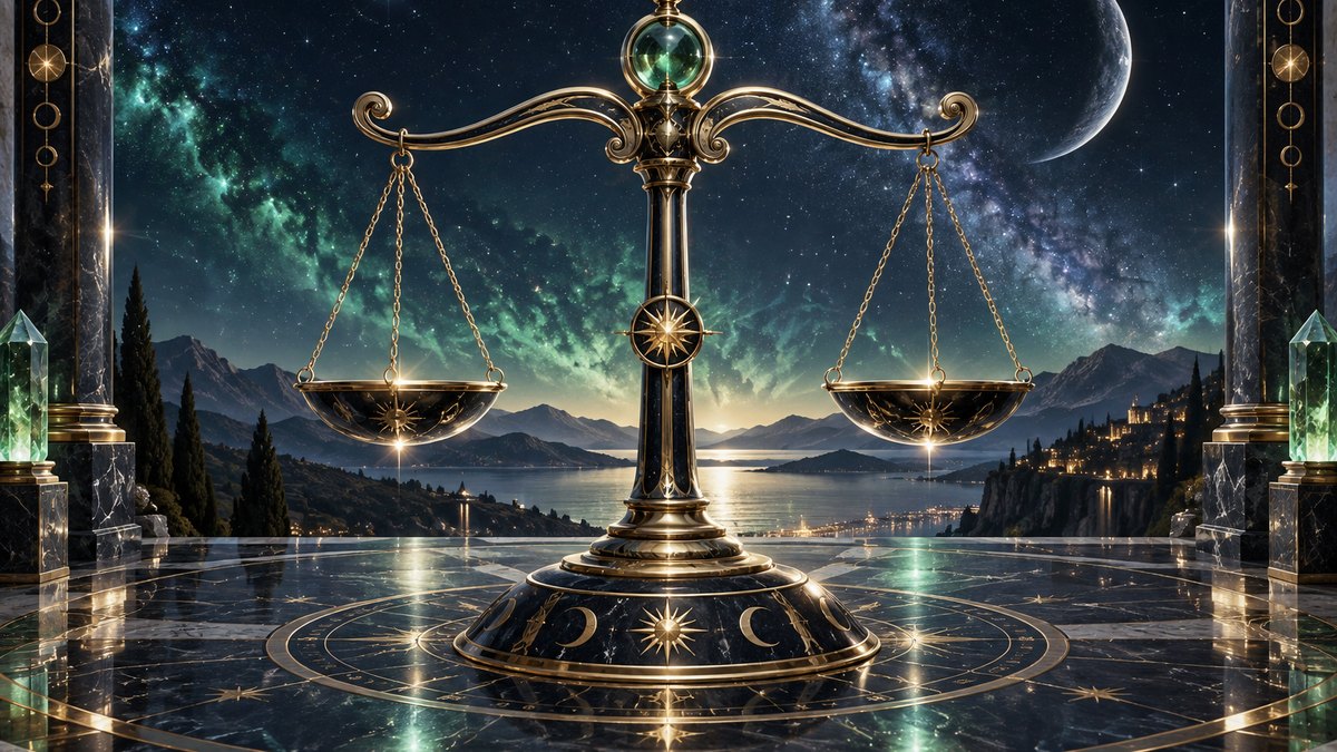 Navy and gold balance scales beneath emerald stars and white shimmer