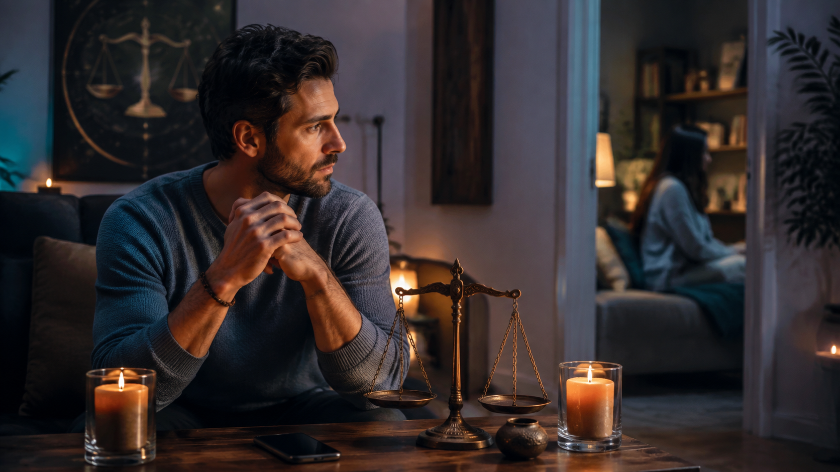 Thoughtful man preparing to communicate after an argument beside balanced candles and a phone