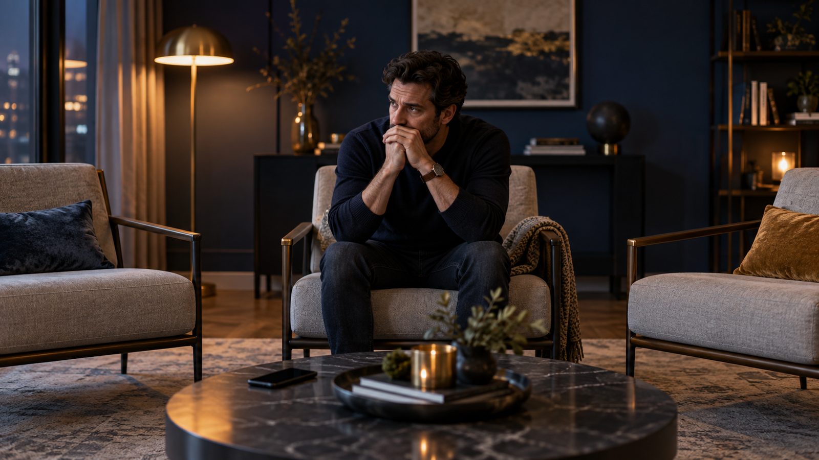 A thoughtful man sitting quietly after a tense relationship conversation
