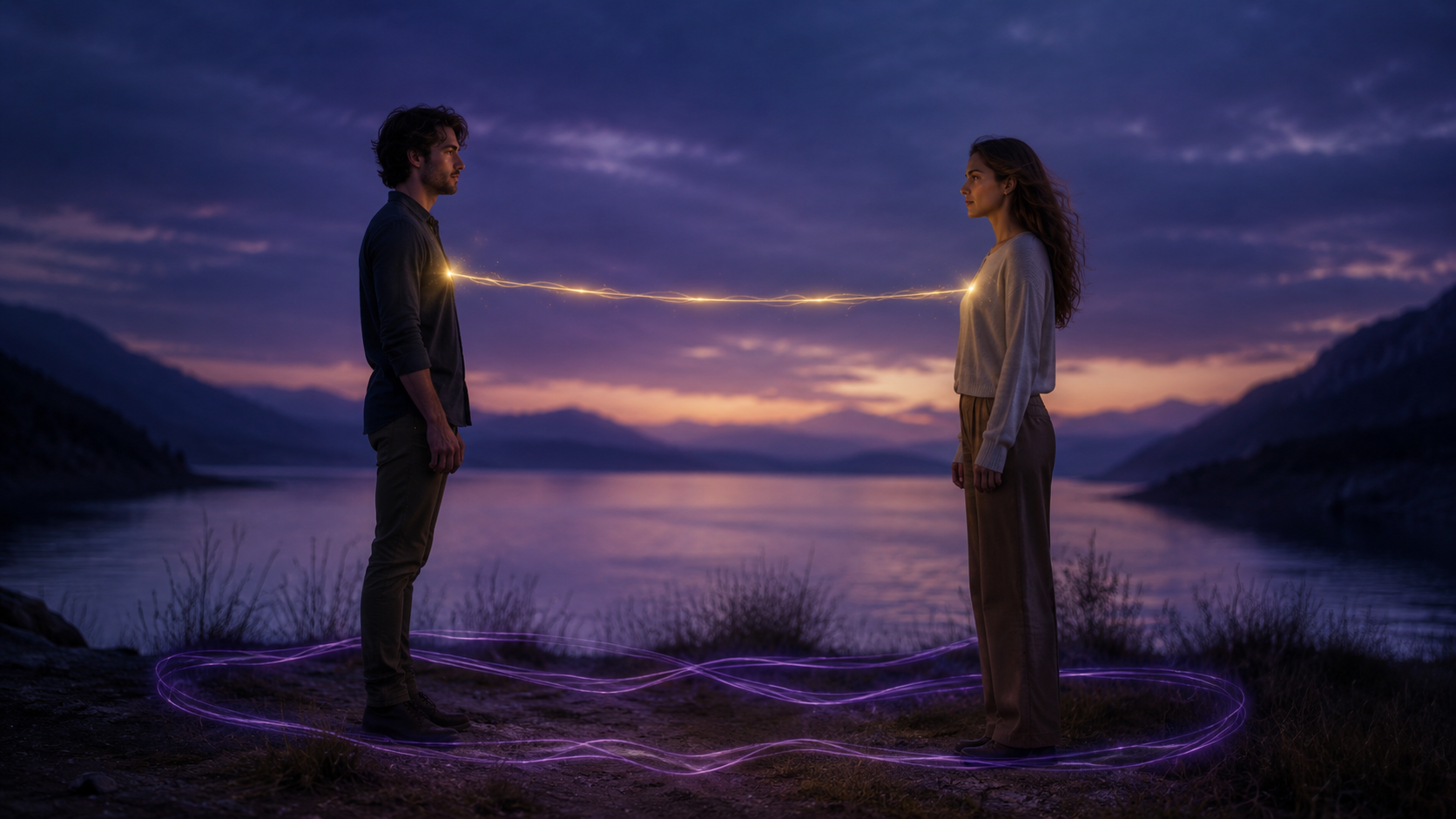 Soulmate Connection or Karmic Lesson A man and woman connected by golden light while a violet loop represents a repeating karmic cycle