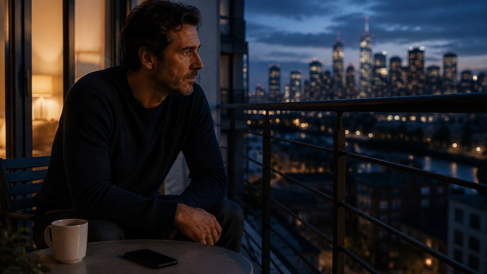 What His Actions Reveal During Space A thoughtful man sitting alone on an apartment balcony at dusk with his phone face down