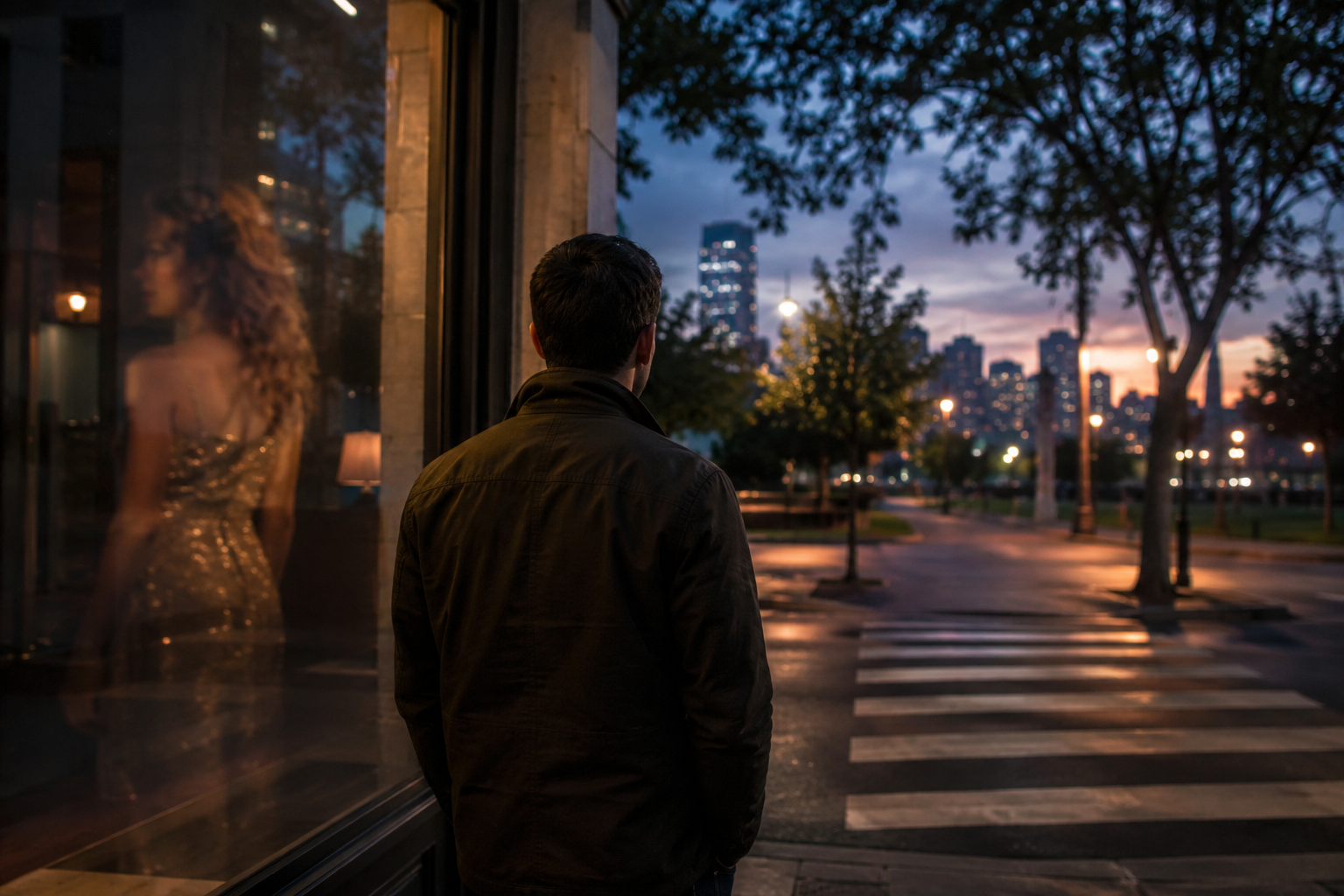 A man at a city crosswalk choosing a clearly lit path while a glamorous reflection fades behind him