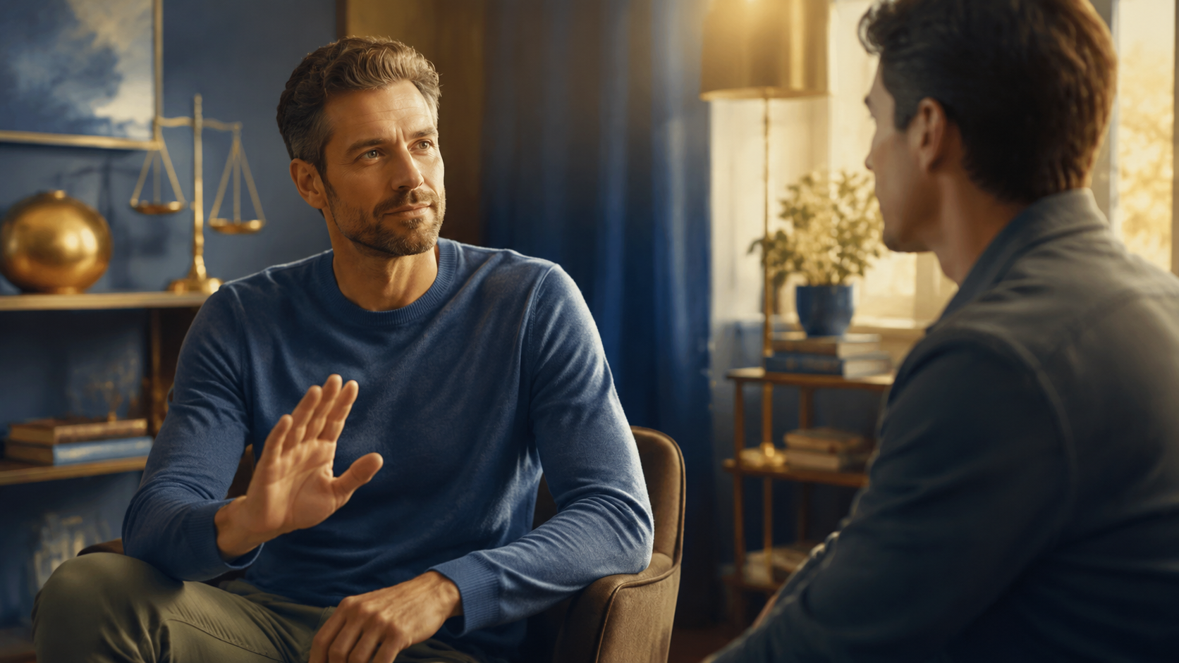 Kind confident man setting a respectful boundary during a calm conversation with balanced golden light
