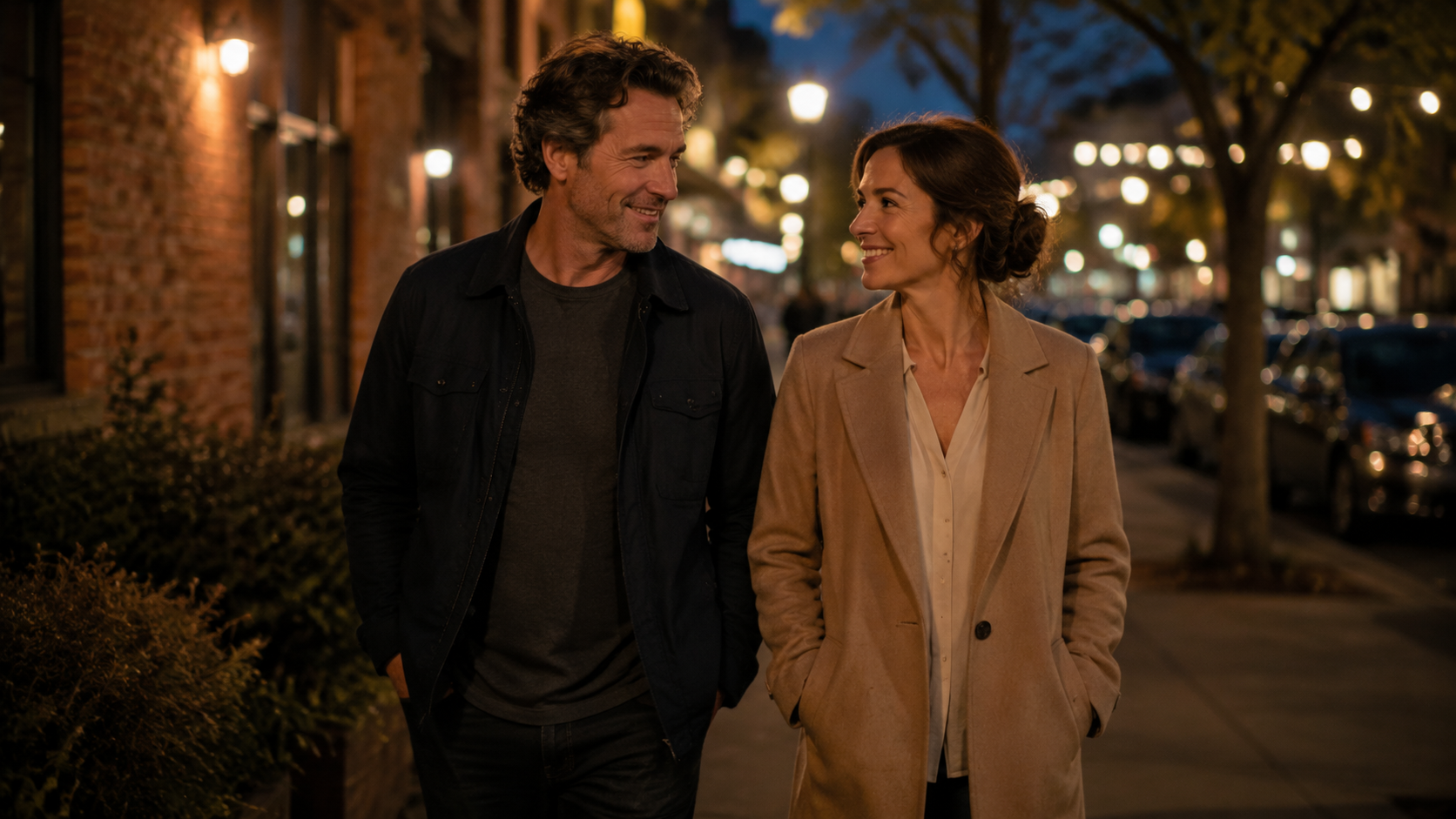 A couple shares a relaxed evening walk as their connection develops naturally