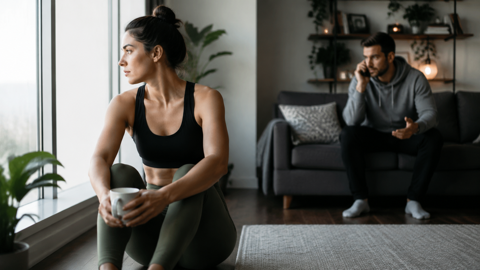 A woman focuses on herself while a man notices the new distance between them