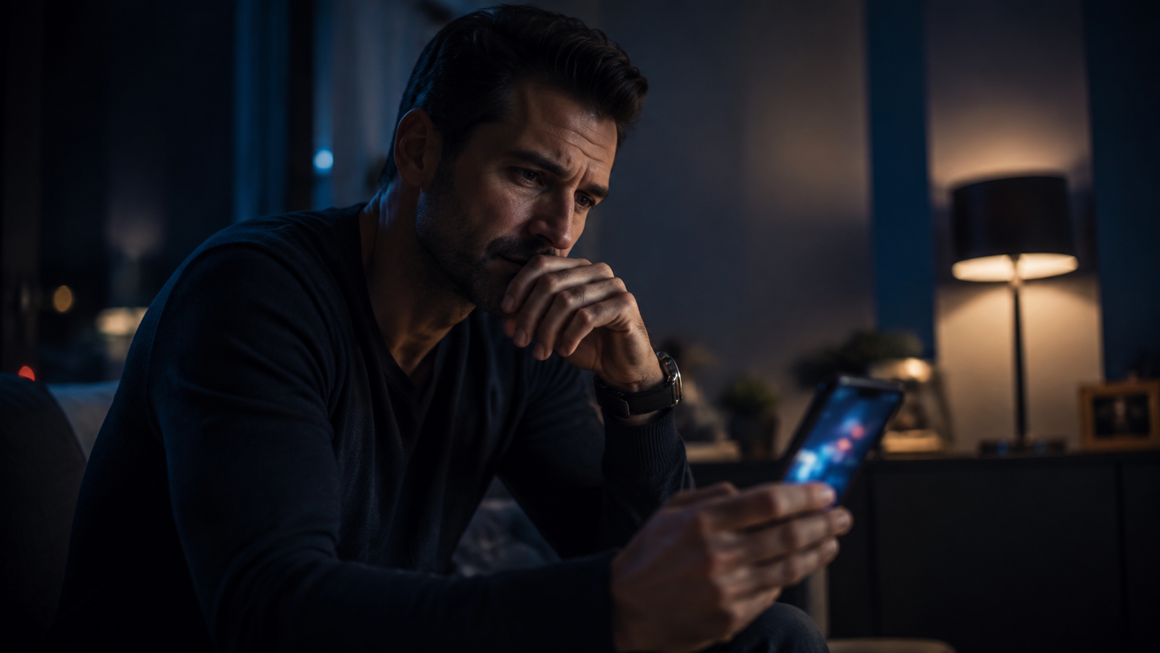 Watching Stories Without Reaching Out A conflicted man looking at a phone late at night without sending a message