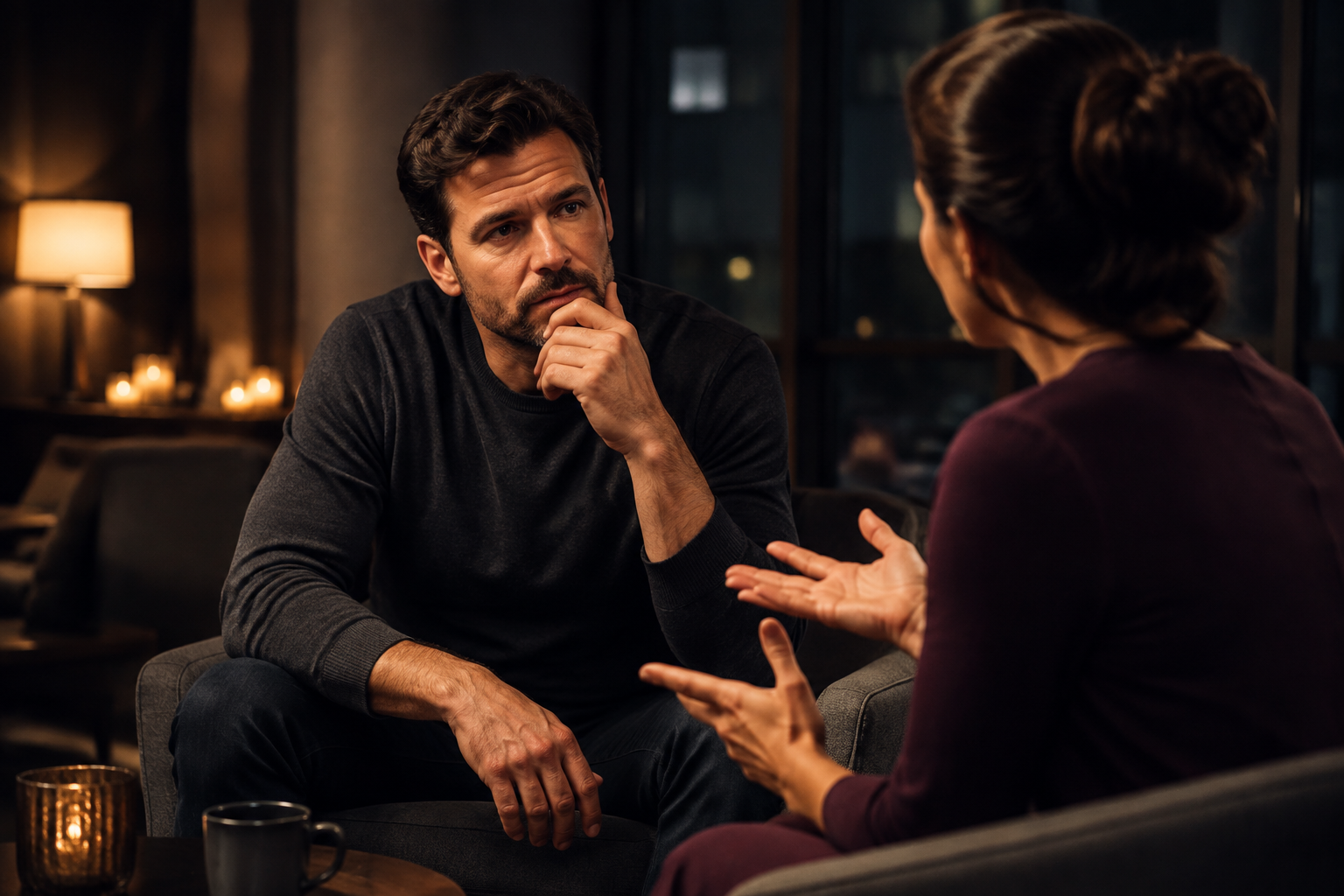 An Honest Date After Divorce Thoughtful adult man listening during an open conversation with a woman in a quiet lounge