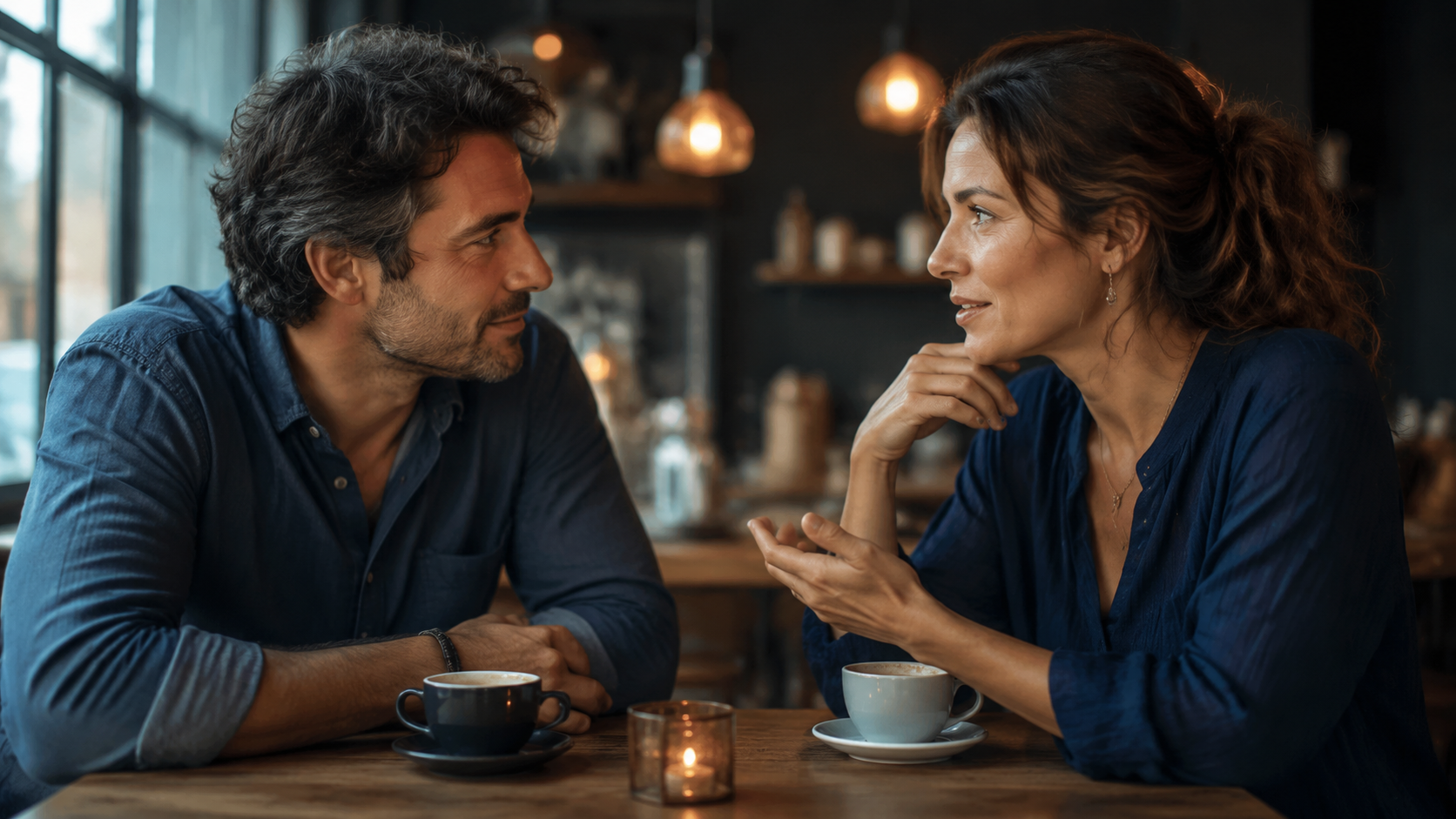 Couple having an honest face-to-face conversation in a quiet cafe