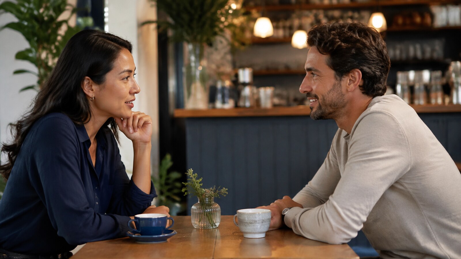 A man and woman having a calm attentive conversation across a café table