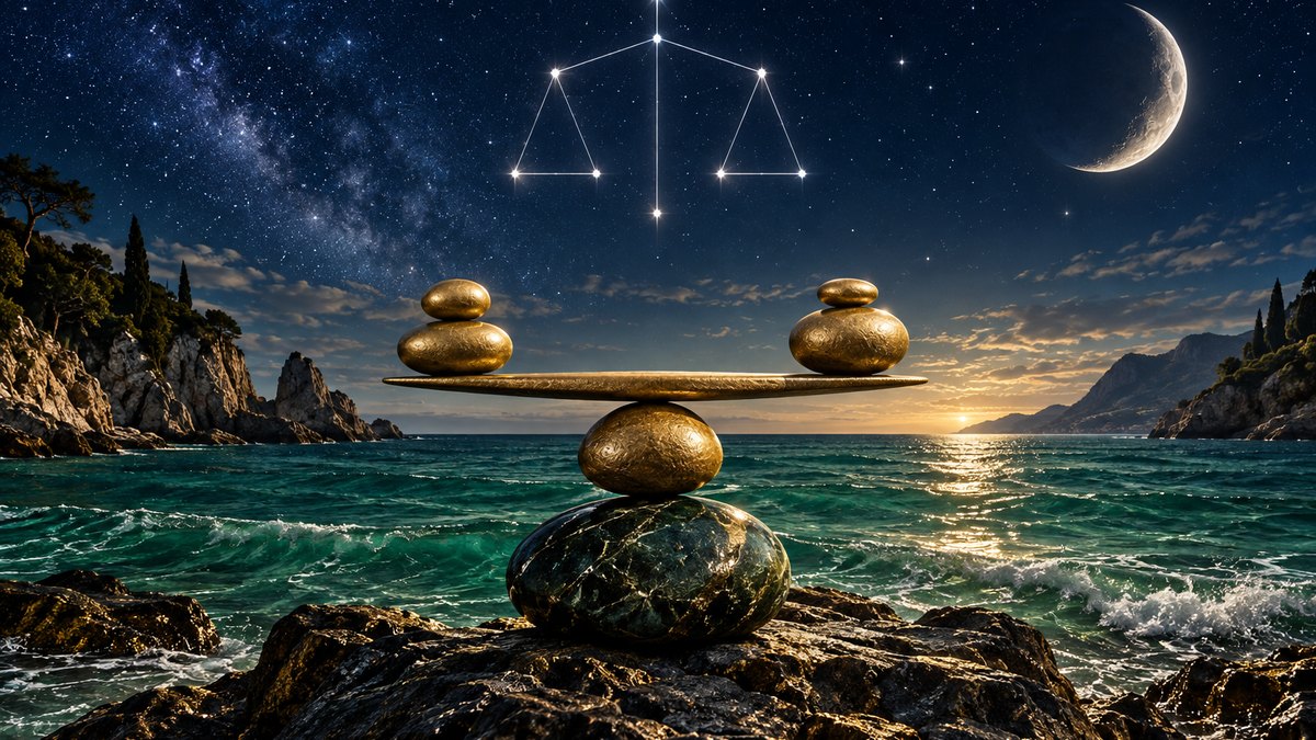 Balanced gold stones over an emerald sea beneath a navy constellation sky