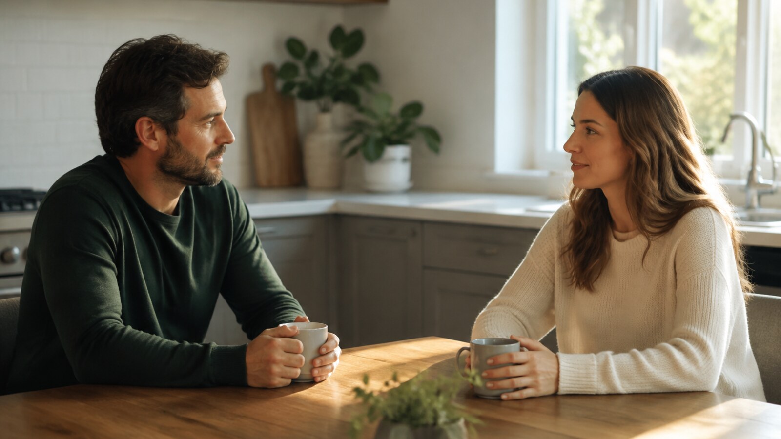 Warm and Clear Relationship Boundaries A man and woman having a calm respectful conversation at a kitchen table