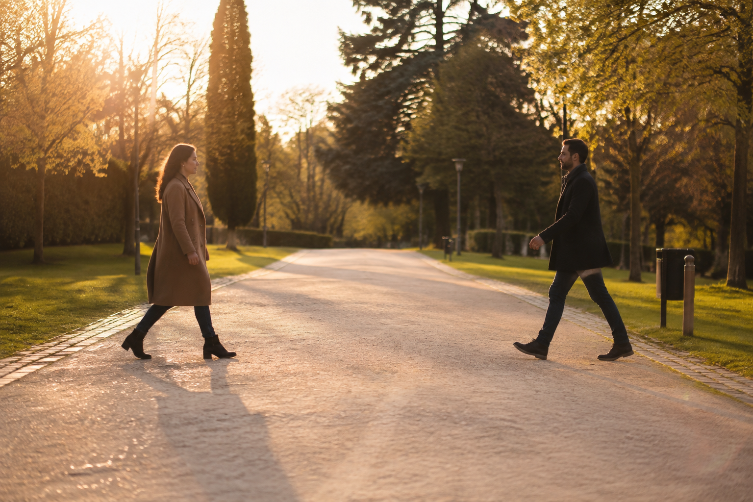 Two adults walking toward each other from equal distances on a sunlit park path