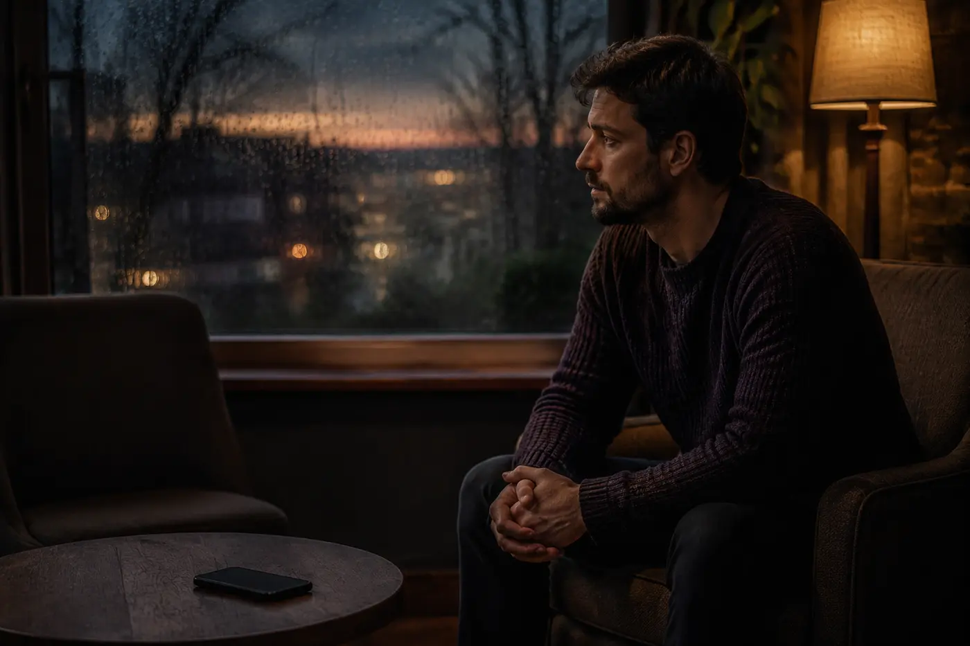 Thoughtful man sitting beside a rainy window wondering whether a relationship will reconnect
