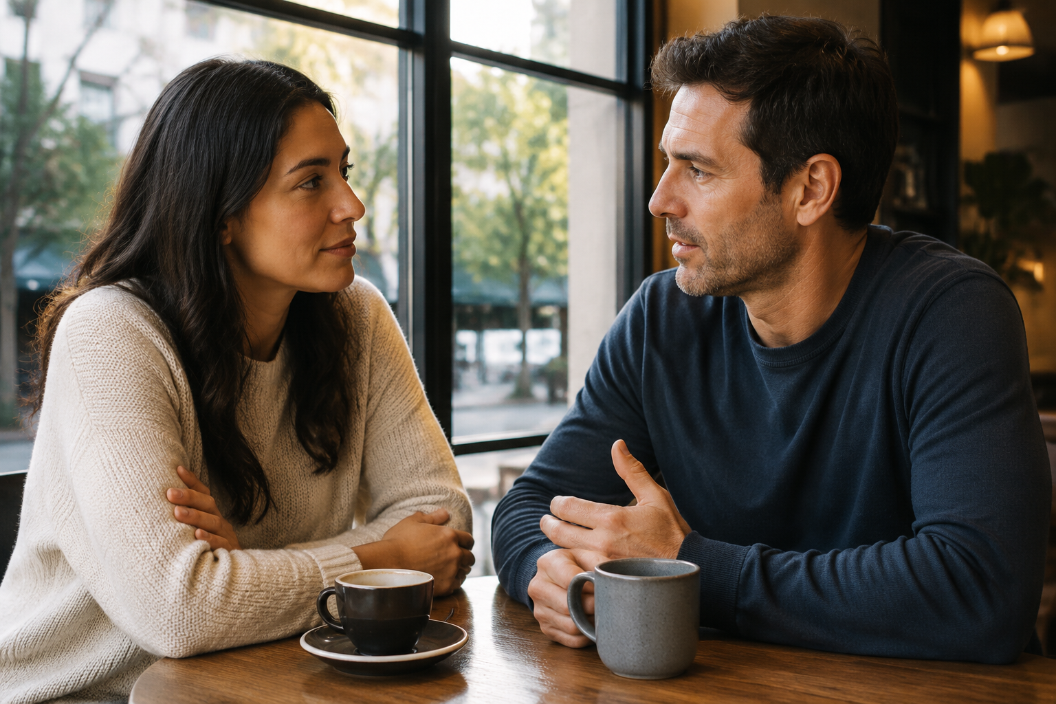 Man and woman having an attentive honest conversation in a cafe