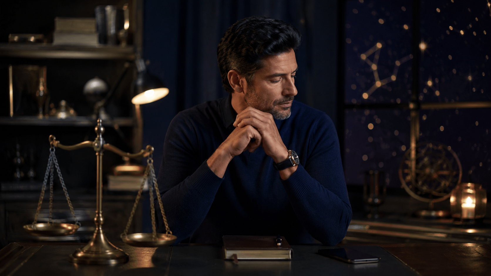 Thoughtful man calmly reflecting beside brass balance scales and a phone placed face down