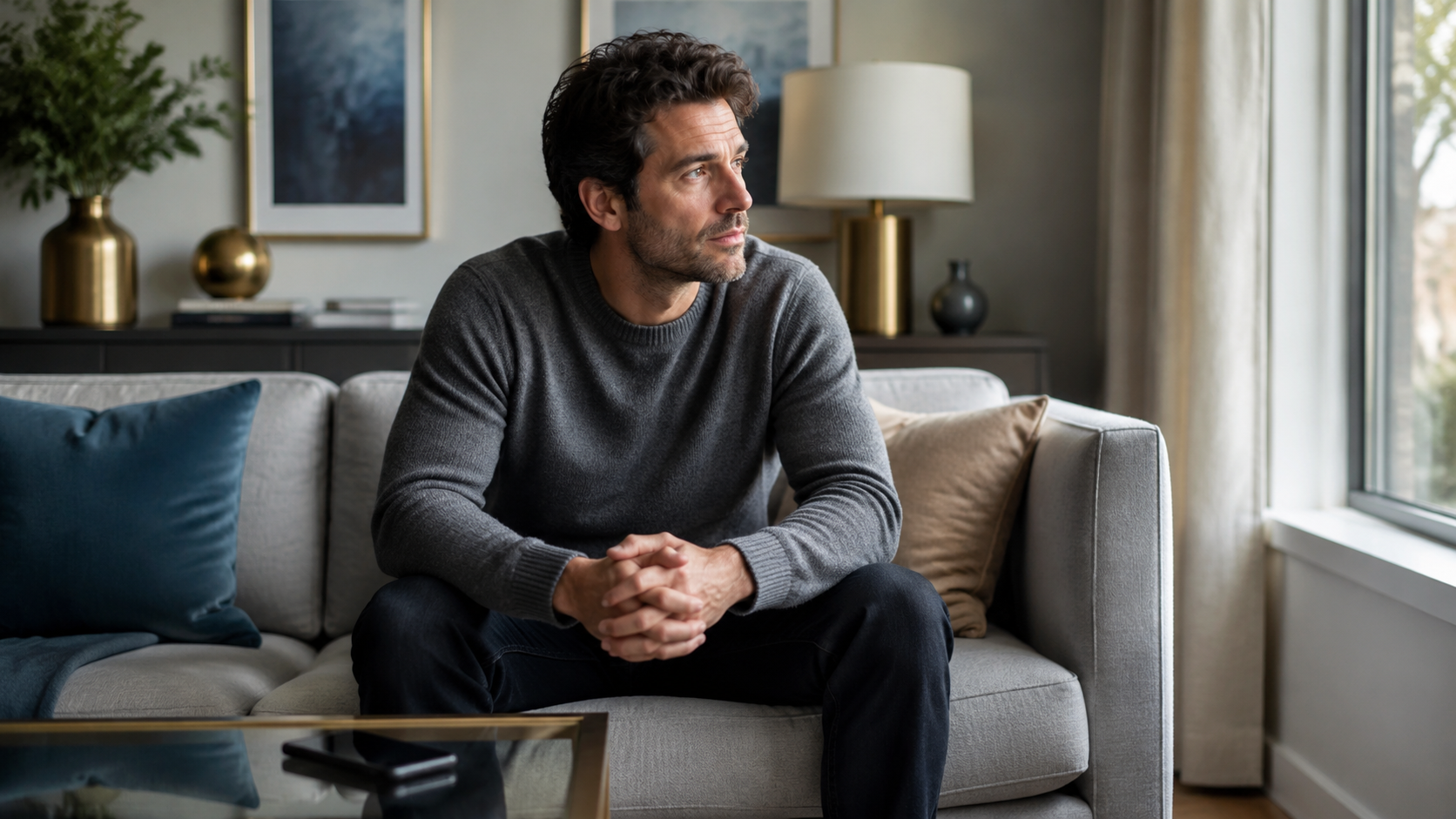 Thoughtful man seated quietly while considering an important relationship decision